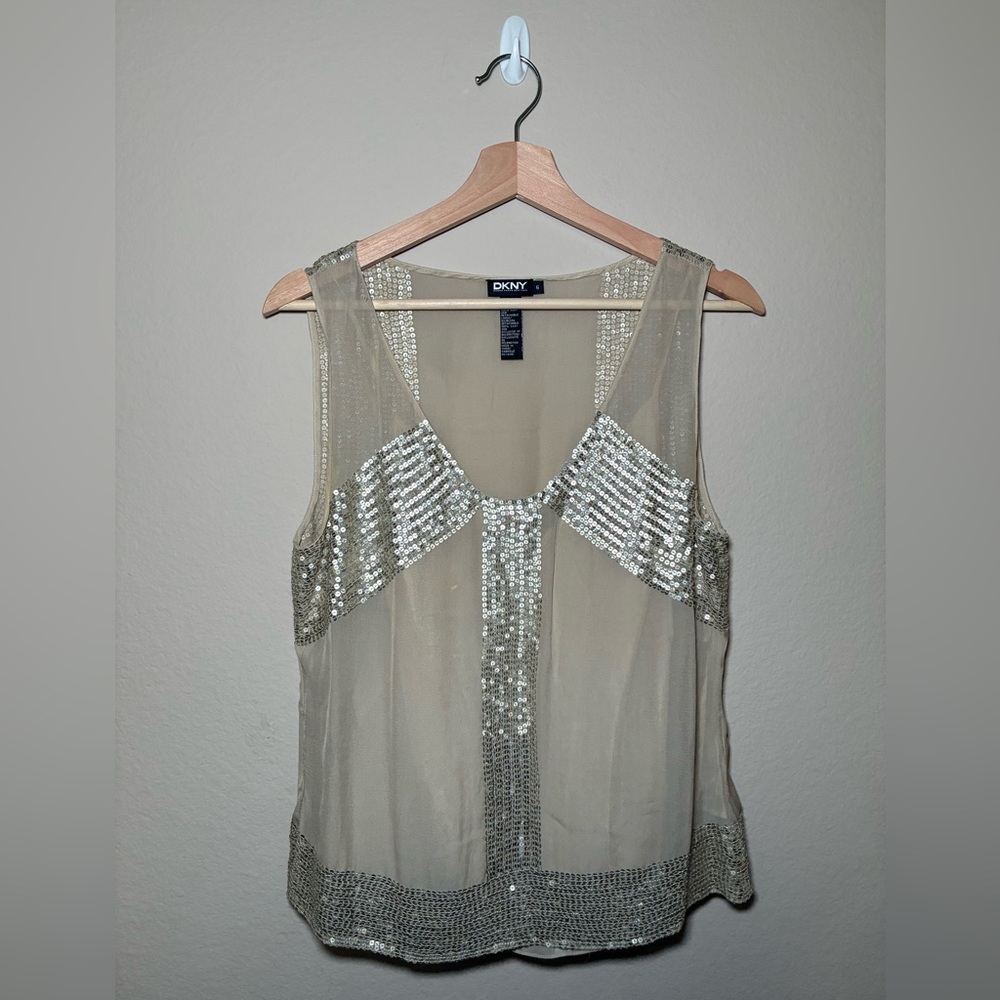DKNY Size 6 Beige Sequins 100% Silk sleeveless Layered Tank